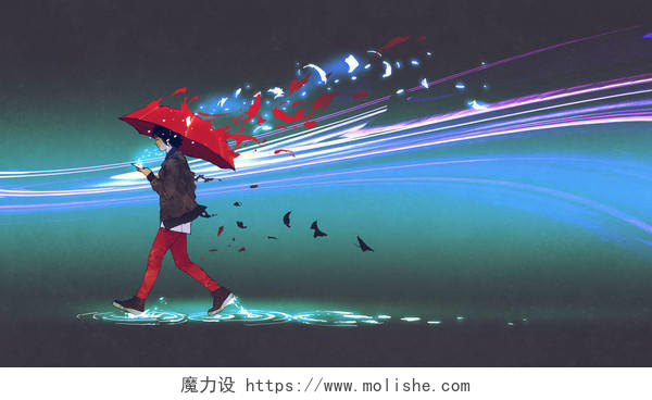 红色雨伞的妇女在黑暗的背景下行走